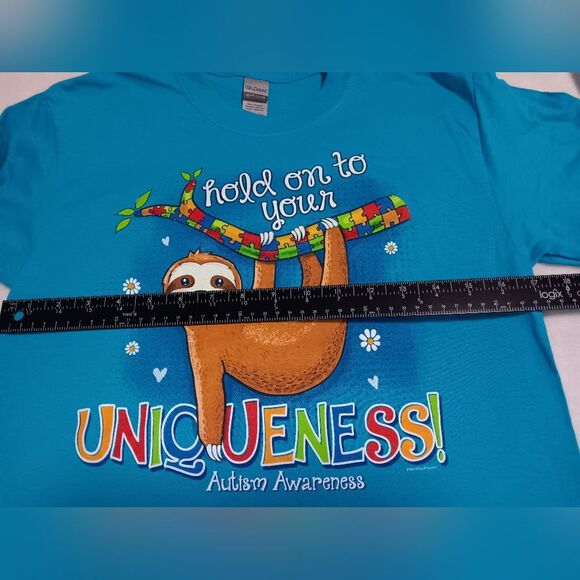 Autism Awareness Hold on to your Uniqueness Sloth T-Shirt Gildan Heavy Cotton - Picture 4 of 7